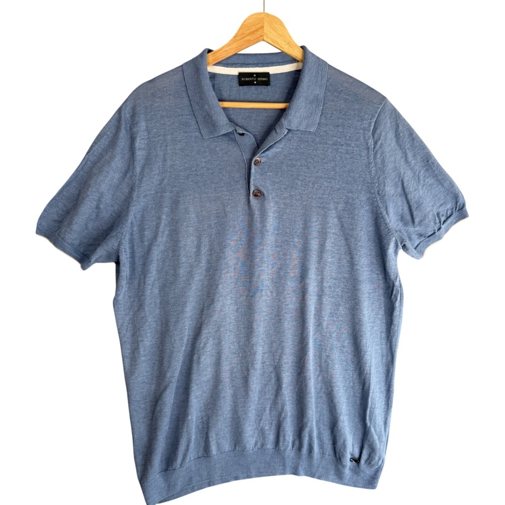 Roberto Verino 100% Linen Polo Shirt Mens XL Blue Knit Coastal Old Money Minimal